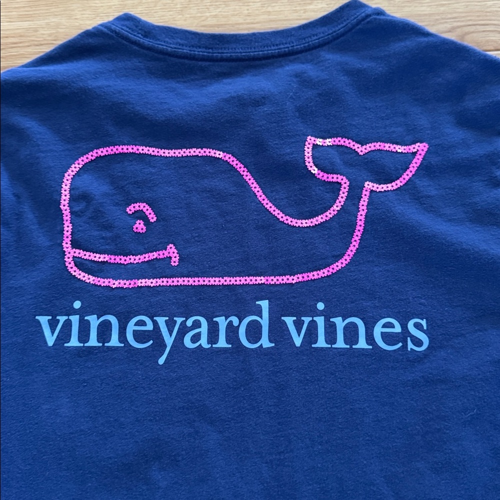 Vineyard Vines Girls Seequin Whale Logo Long Sleeve T-Shirt Size Large Navy Pink